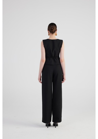 Holly Lolly Geniş Paça Pilili Yüksek Bel Palazzo Giselle Pantolon Siyah