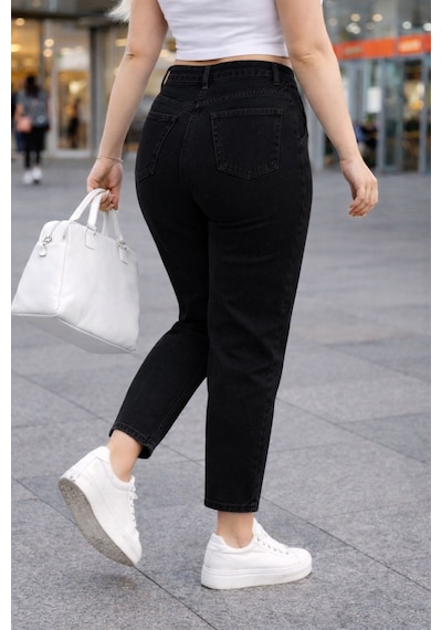 Cedy Denim Mom Fit Jean Büyük Beden Yüksek Bel Carrot Kesim Dar Paça Pileli Esnek Kot Pantolon C600 Siyah