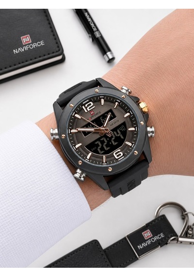 Naviforce Silokon Kordon Dijital & Analoğ Mekanizma Bileklik Hediyeli 3 Atm Erkek Kol Saati Nf9264.1 Siyah