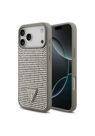 Apple Uyumlu iPhone 17 Pro Max Kılıf Guess Lisanslı Taşlı Arka Yüzey Üçgen Logolu Kapak Gümüş Gümüş