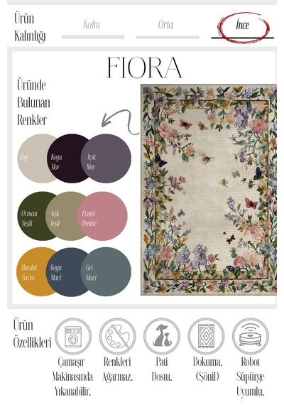 Fiora 230 Bej Renkli Çiçekli Halı Dokuma Taban Salon Mutfak Oturma Odası Halısı Krem Yeşil