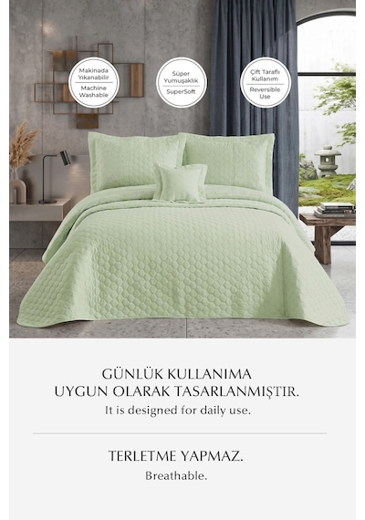 Hayal Çift Kişilik Yatak Örtüsü Dantelli Kapitone Pike Takımı Elyaf Dolgulu 4 Parça Mint