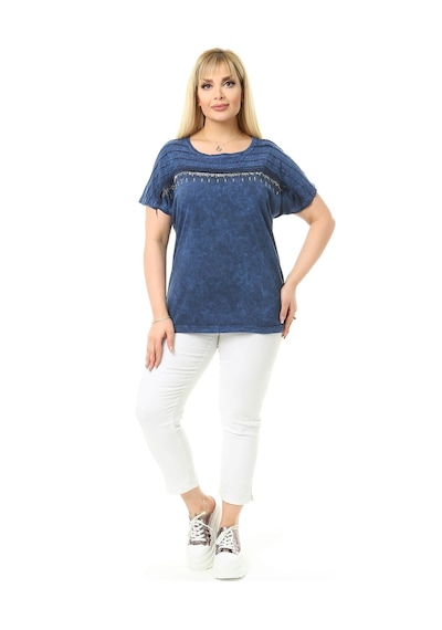 Mia Butik Büyük Beden Lacivert Omuzları Taş Detaylı Bluz-1060 Lacivert