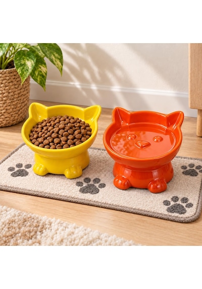 Seramik Kedi Köpek Mama Ve Su Kabı Kabartmalı Kedi Köpek Figürlü Eğimli Ve Yükseltilmiş Mama Kabı, Boyun Ve Omurgayı Destekleyen Ergonomik Tasarım, Kolay Temizlenebilir Turuncu Figürlü