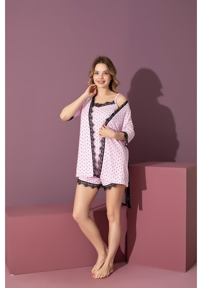 Rindahomewear Kadın 3 Lü Fitilli Viskon Şort Sabahlık Set Pembe