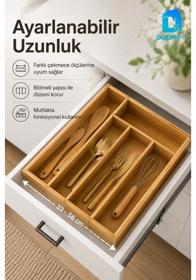 Bambu Kaşıklık Ayarlanabilir Çekmece İçi Çatal Kaşık Bıçak Düzenleyici Organizer 30-43x35 Cm Kahverengi