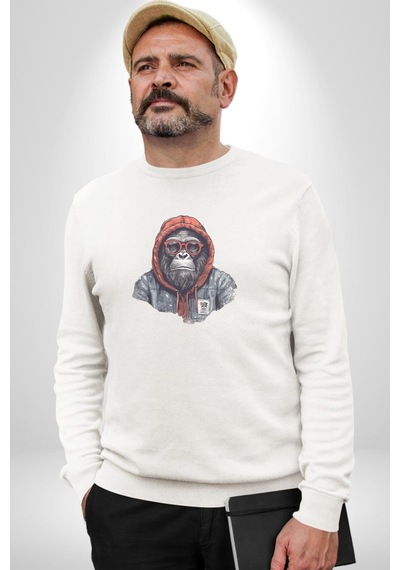 Kırmızı Gözlük Çeket Maymun Unisex Beyaz Baskılı Sweatshirt Beyaz
