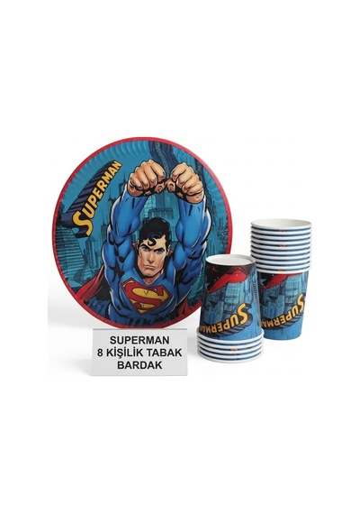 Superman Temalı Doğum Günü Parti Seti - 8 Kişilik Tabak Ve Bardak Seti Tabak + Bardak Lacivert Tüm Yaşlar