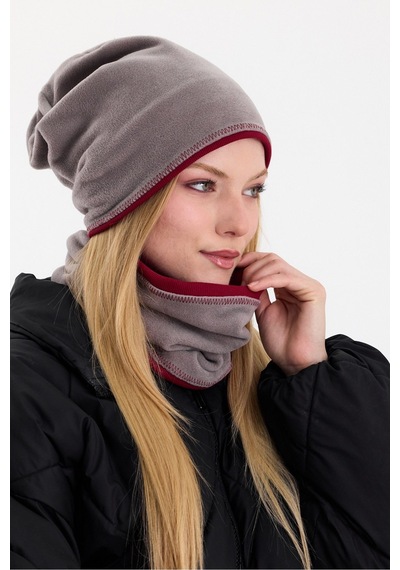 Butikgiz Kadın Dış Kısım Polar, İç Kısım Kaşkorse Pamuklu, Çift Renk, Çift Kat, Katlanabilir Bere Boyunluk Set Gri-bordo