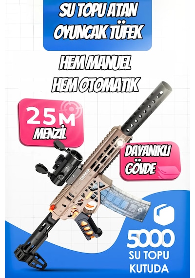 Mk6 Su Topu Atan Oyuncak Tüfek Gel Blaster 71 Cm Büyük Boy Hem Otomatik Hem Manuel Bej