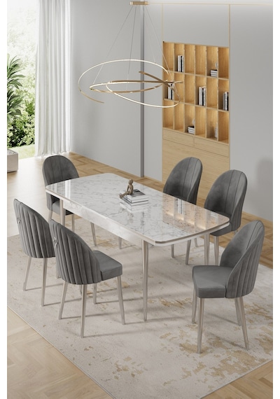 Canisa Rada Serisi 80x132 Açılabilir Lak Panel Beyaz Mermer Desen Masa 6 Gri Sandalye Krom Detay Masa Beyaz Mermer Desen Sandalye Gri Canisa Rada Serisi 80x132 Açılabilir Lak Panel Beyaz Mermer Desen Masa 6 Gri Sandalye Krom Detay Masa Beyaz Mermer Desen Sandalye Gri