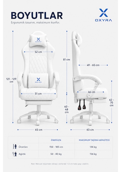 Oxyra Mooncha Oyuncu Koltuğu Premium Komple Beyaz Terletmez Deri Ayak Destekli