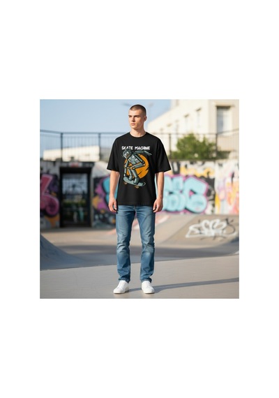 Urbantrendstore Unisex Skate Machine Kaykay Oversize Fit Rahat Geniş Salaş T-shirt Günlük Tişört Siyah