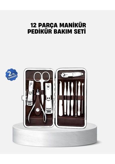 Mey İthalat Özel Deri Çantalı 12 Parça Manikür Pedikür Bakım Seti Paslanmaz Çelik