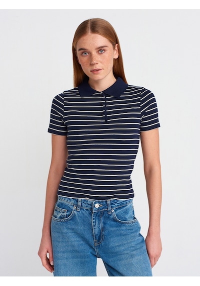 Dilvin 31464 Çizgili Polo Yaka T-shirt Lacivert