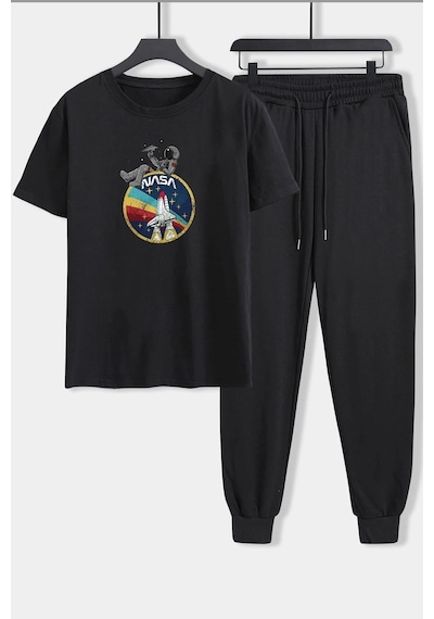 Uyguntarz Unisex Nasa Baskılı 2'li Eşofman Takımı Siyah