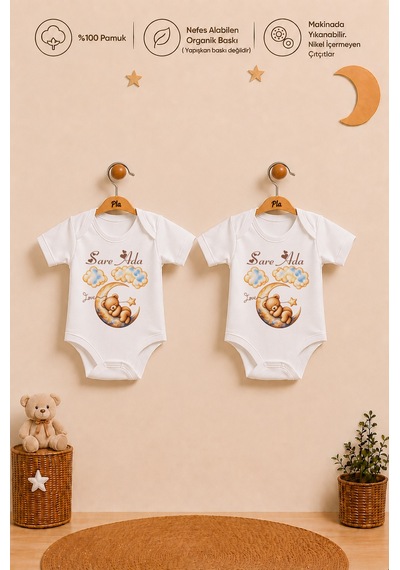 Pia Baby İsimli Kız Bebek 2'li Body Zıbın Seti %100 Pamuk Organik Baskılı Çıtçıtlı İsme Özel Bebek Giyim 1099b2yx Ekru