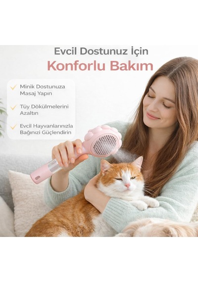 Spreyli Kedi Köpek Tüy Toplama Fırçası - Su Hazneli Kendinden Temizlemeli Tarak - Paslanmaz Çelik Uçlu - Masaj Et