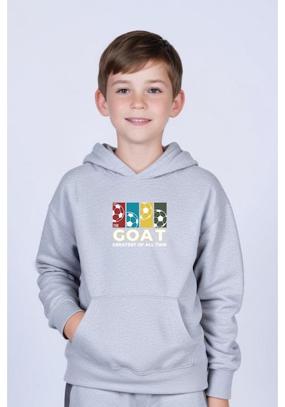 Panios Kids Kapüşonlu Kanguru Cepli Goat Baskı Detaylı Erkek Çocuk Sweatshirt Gri
