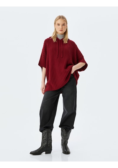 Koton Oversize Triko Panço Kapüşonlu Örgü Dokulu Kısa Kollu Bordo 5wal90033ht Bordo