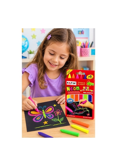 Neon Üçgen Mum Boya 6 Lı 1 Paket Fatih 6 Renk Üçgen Mumboya Elleri Kirletmeyen Yıkanabilir Silinebilir Karton Kutu Çok Renkli