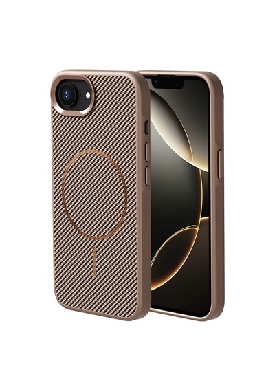 İphone 17e Kılıf M-safe Şarj Özellikli Karbon Fiber Görünümlü Zore Troy Kapak - Gold