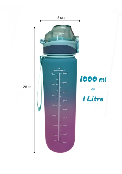 1000 Ml Plastik Motivasyon Matarası Pipetli, Kilitli Ve Taşıma Kulplu Turkuaz - Mor