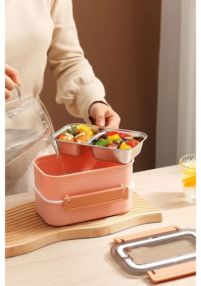 Vagonlife Bento Lunch Box Ofis-Okul Için Yeni Nesil Sefer Tası Çift Kat 4 Bölme Paslanmaz Çelik F494 001