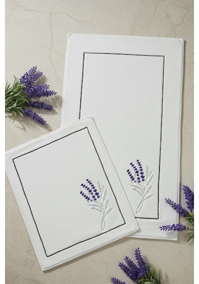 Viola Lavanda Nakış İşlemeli 2'li %100 Pamuk Banyo Halı Paspası Seti, Yıkanabilir Mor