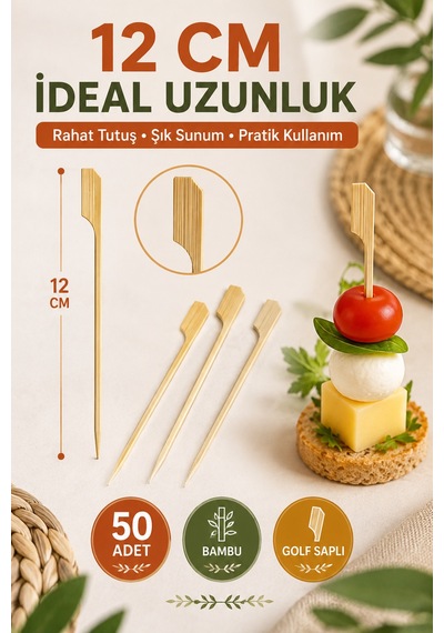 50 Li Dekoratif Golf Saplı Bambu Kürdan 12cm Kanepe Parti Davet Sunum Kokteyl Aperatif Kürdan Seti