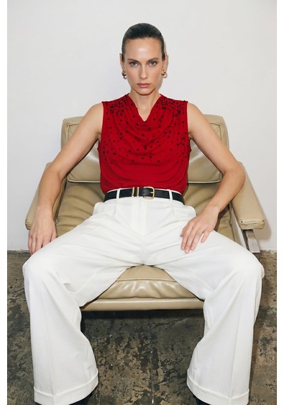 Sateen İnci Detaylı Bluz - Kırmızı-137353