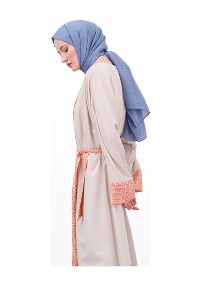 Pureva Garni Detaylı Kuşaklı Keten İkili Kimono - Bej/oranj Çok Renkli