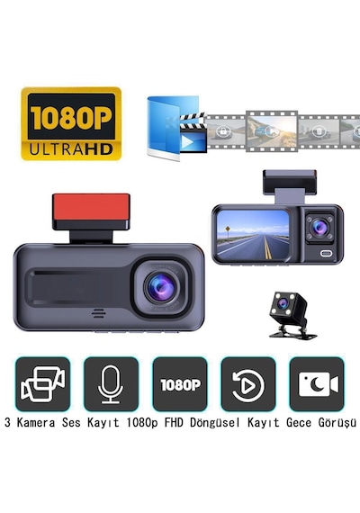 Cr51 Full Hd 1080p Wifi Araç Kamerası - 3 Kameralı Ön, İç Ve Arka , 2.0 Inç Ekran, Park Modu Ve Mobil Uygulama Desteği