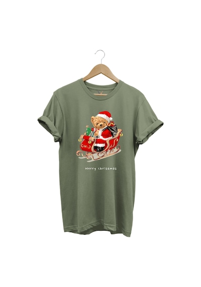 Christmas Baskılı Sevimli Ayıcık Yılbaşı Noel %100 Pamuk Regular Fit Bisiklet Yaka Haki T-shirt Haki