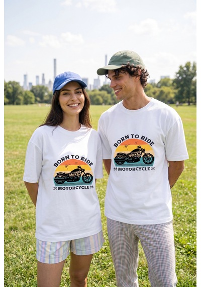 Black Nova Oversize Baskılı Unisex %100 Pamuk T-shirt Born To Ride Beyaz