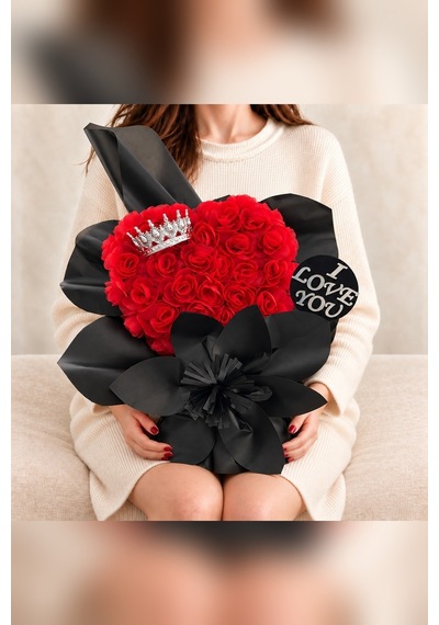 Couronne D'amour Kırmızı Saten Gül Kalp Buket Gümüş Taçlı I Love You - El Yapımı Yapay Çiçek Kırmızı Siyah