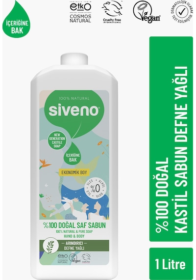 Siveno %100 Doğal Sıvı Kastil Sabun Defne Yağlı Nemlendirici Bitkisel Vegan 1 L