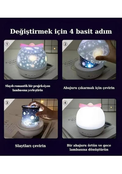 Galaksi Projektör Gece Lambası Dönen Gökyüzü Çocuklar, Doğum Günü, Sevgiliye Hediye 6 Projeksiyon Beyaz
