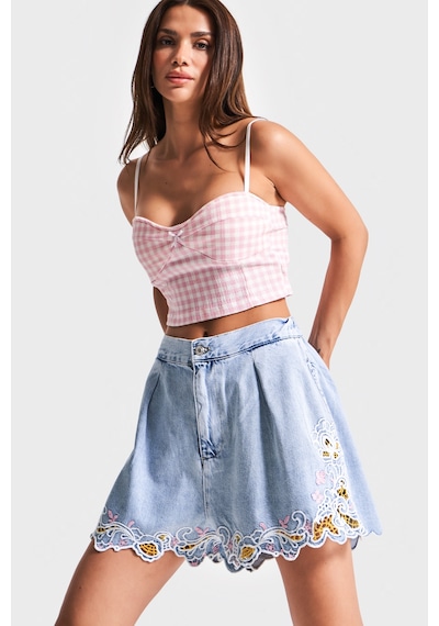 it's basic Kadın Ice Kot Rengi 1-3s5-3 Renkli Çiçek Nakışlı Midi Boy Viskon Kumaş Tasarım Denim Şort Ice Rengi