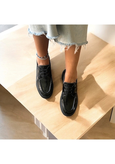 Ne&ve Shoes Siyah Kırışık Rugan Hakiki Deri Kadın Günlük Rahat Bağcıklı Ayakkabı
