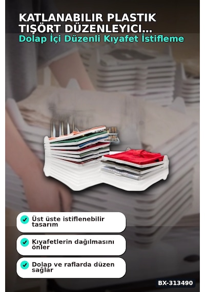 Katlanabilir Plastik Tişört Düzenleyici Aparat - 1 Adet, Dolap İçi Organizer Bx-313490 Beyaz