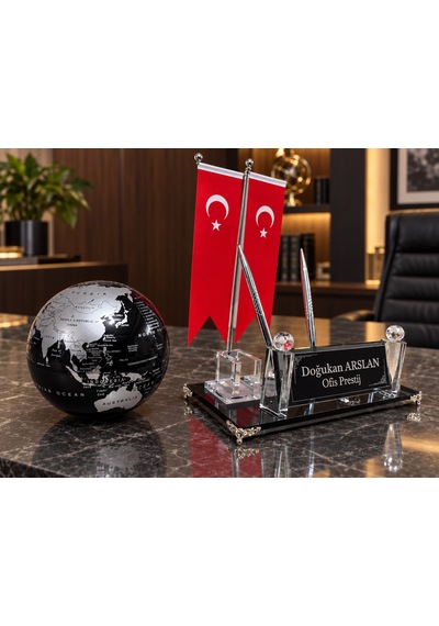 Kişiye Özel Çift Kalemli Kristal Masa İsimliği Türk Bayraklı Dünya Küreli 3 Parça Siyah