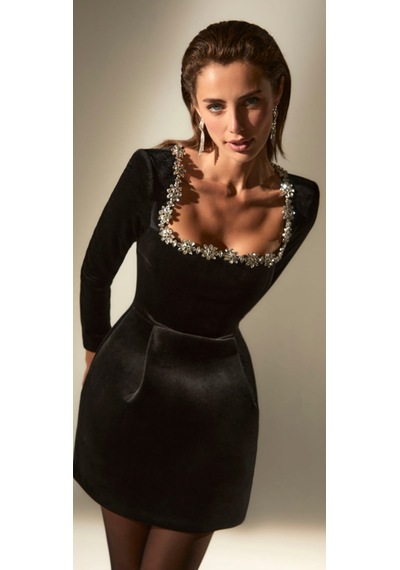 Hanife Glam Couture Hanife Glam Kare Yaka Taşlı Mini Kadife Elbise Siyah