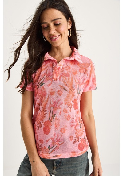 Shade Kadın Polo Yaka Desenli Dijital Baskılı Regular Yazlık Örme Bluz 60282016 - Pembe Shade Kadın Polo Yaka Desenli Dijital Baskılı Regular Yazlık Örme Bluz 60282016 - Pembe