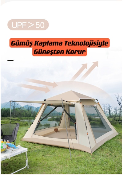 Shufa 4 Tarafı Kare Tenteli Tam Otomatik Kamp Çadırı 240 240 155 Bej