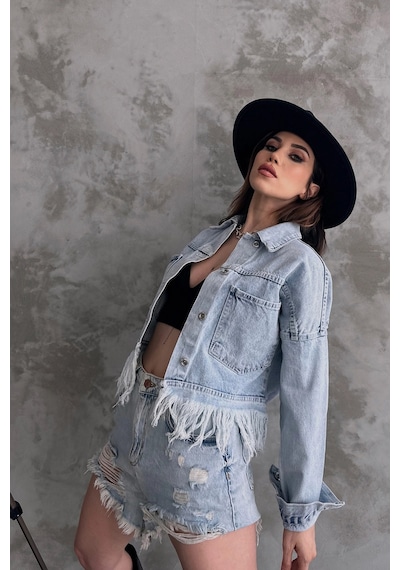 Buz Mavi Saçak Detaylı Denim Ceket Bcdf-245413 Çok Renkli