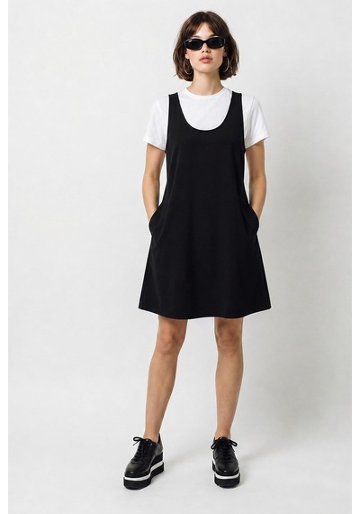 Kadın Basic T-shirt Detaylı Askılı A Kesim Kısa Elbise 4153 60286368 - Siyah