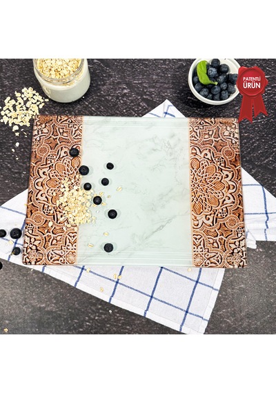 Kanallı Cam Kesme Tahtası - Arabesk Desen - 25x35cm