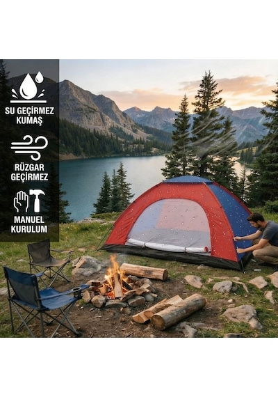 Buffer 6 Kişilik Manuel Kurulum Kamp Çadırı Aile, Doğa, Piknik Ve Outdoor Kamp Çadırı 220x250x150 Cm Kırmızı-lacivert