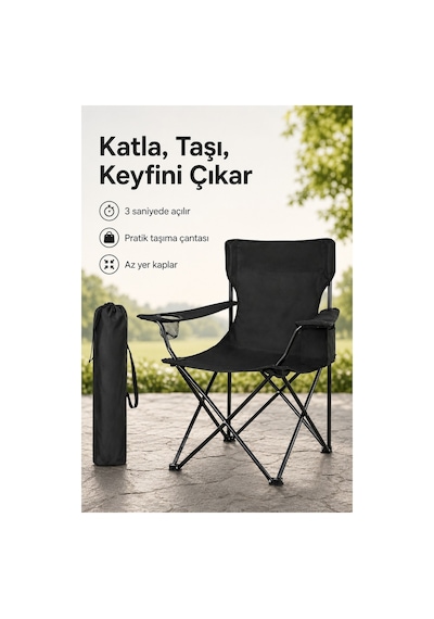 1 Adet Kamp Sandalyesi Katlanır Piknik Sandalye Dikdörtgen Bardaklıklı Siyah